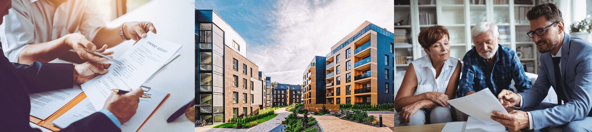 Collage of photos: People reviewing legal paperwork, an outdoor shot of office buildings, people reading over a legal document