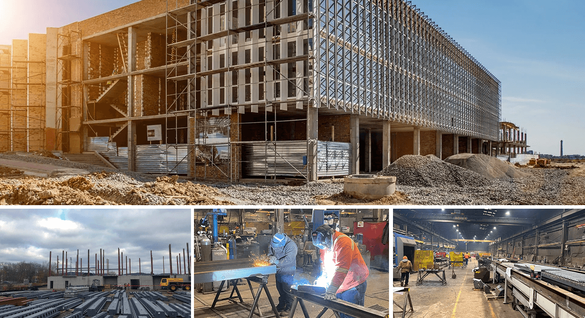 Collage of photos: Steel structures and people welding and working inside a factory