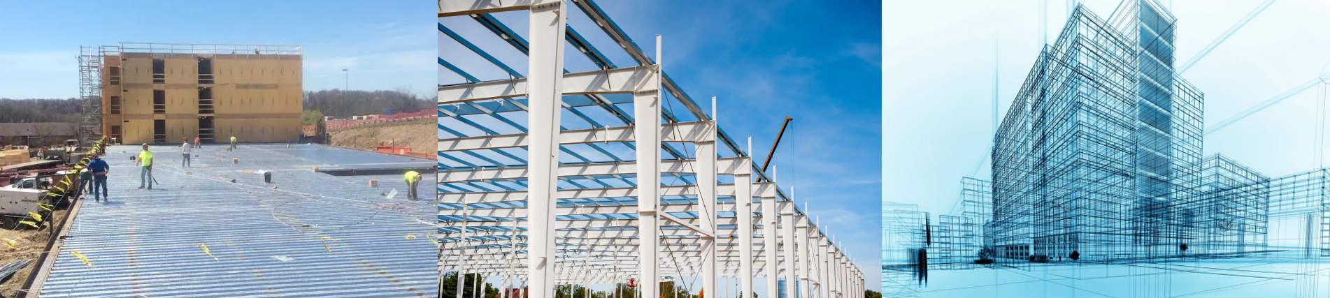 collage of photos: people working at a construction job site, steel structure, blueprint of a steel structure