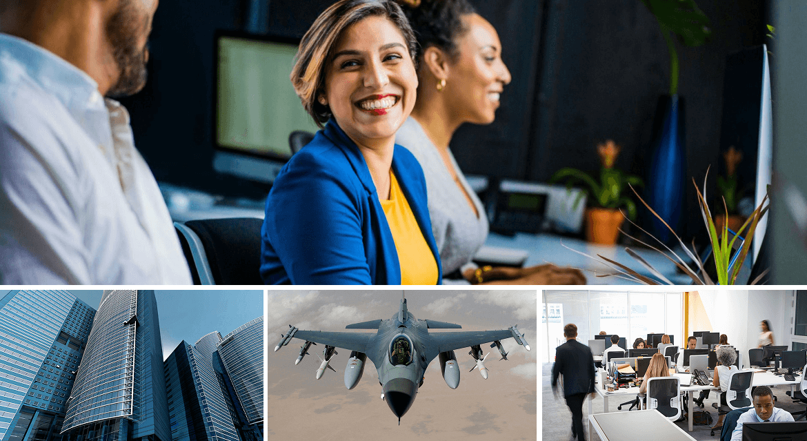 Collage of photos, woman smiling, an office building, a plane and an office with people working