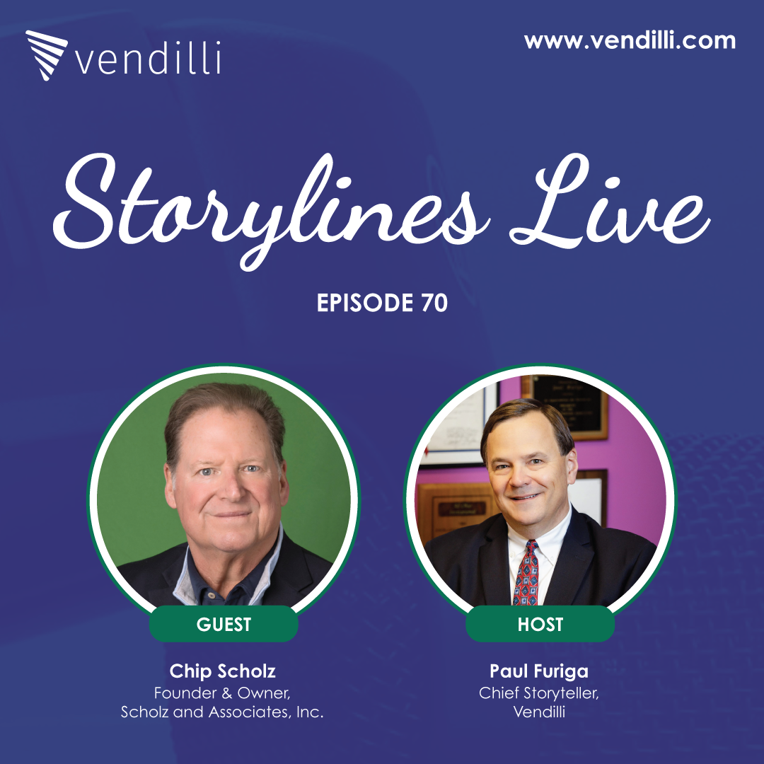 storylines live episode 70 graphic that includes headshots of guest chip scholz and host paul furiga